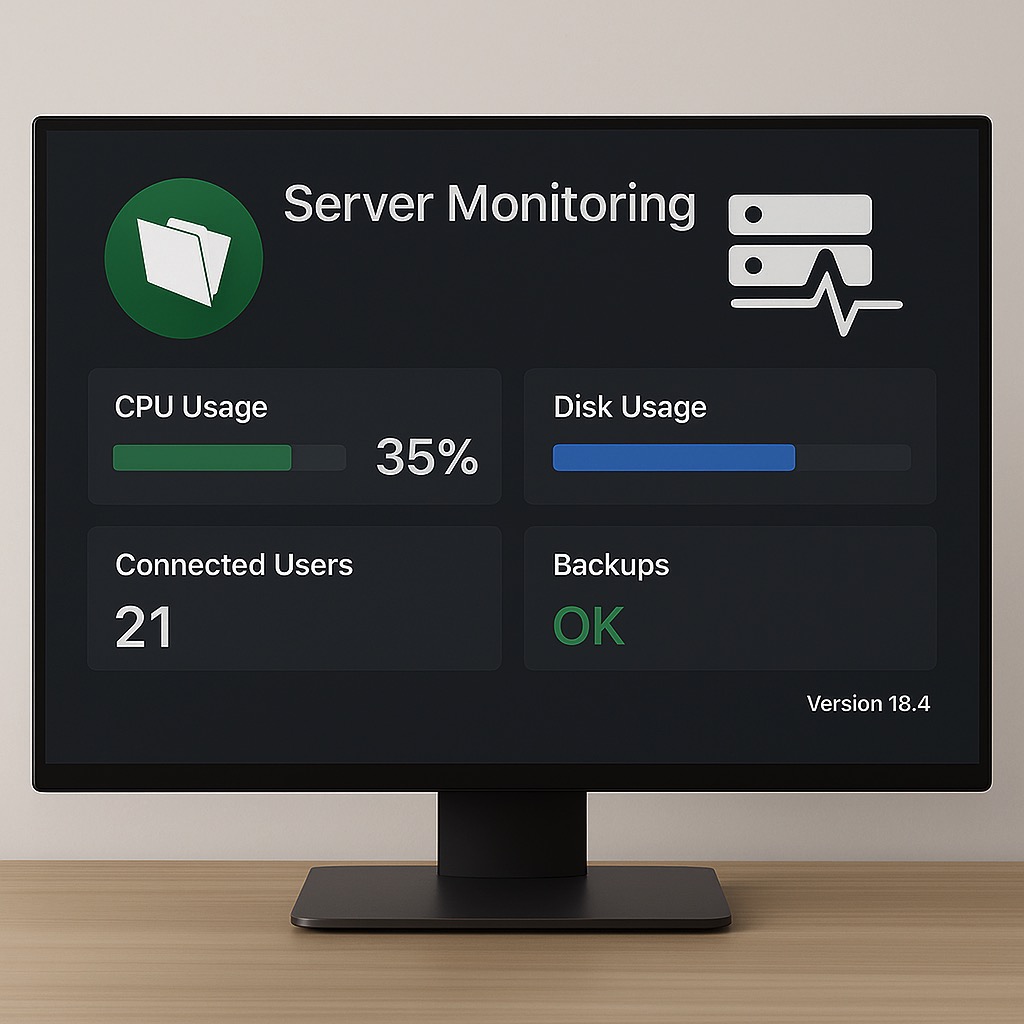 Overview of FileMaker server status – CPU, disk, users, backups